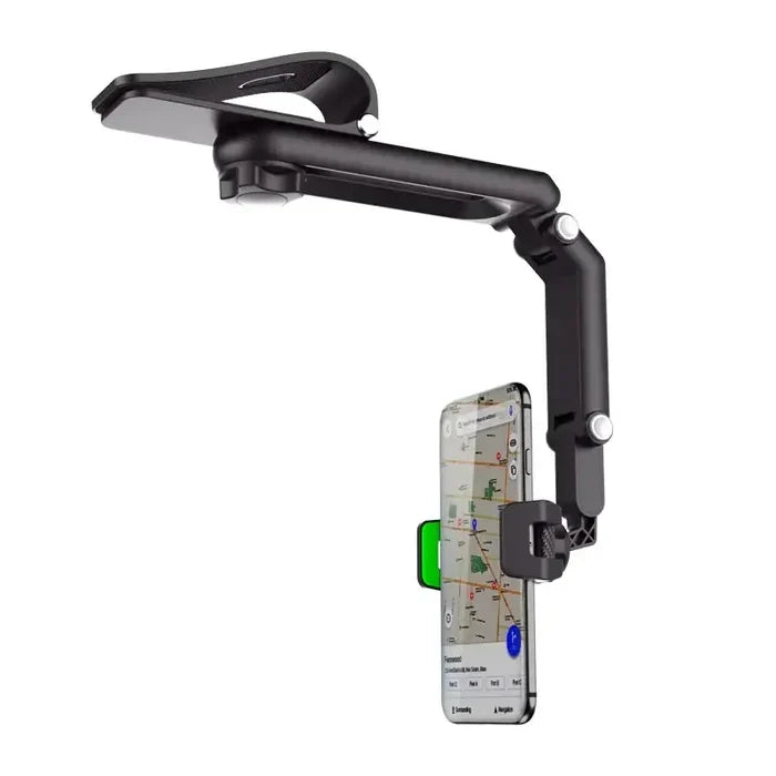 Habicare 9eight5 360° rotating sun visor phone holder for RVs and caravans, clips onto sun visor for hands-free device access.