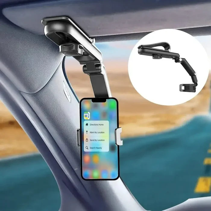 Habicare 9eight5 360° rotating sun visor phone holder for RVs and caravans, securely attaches to vehicle sun visor.