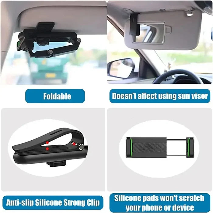 Habicare 9eight5 360° rotating sun visor phone holder for RVs and caravans, securely mounts on sun visor for hands-free use.