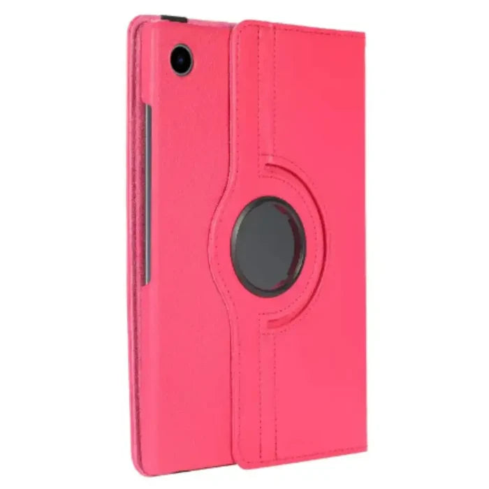Habicare 9eight5 360° rotating tablet cover for Samsung Galaxy Tab series in five colors, showing adjustable stand and protective design.