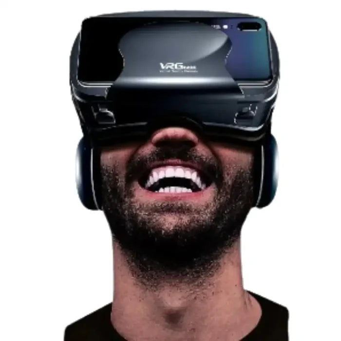 Habicare 9eight5 3D VR headset with integrated headphones and handheld controller for immersive virtual reality experiences.