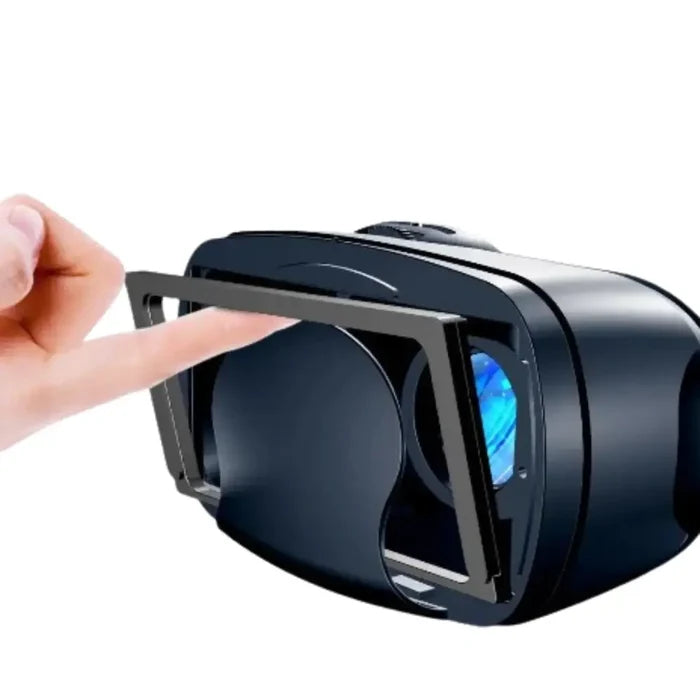 Habicare 9eight5 3D VR headset with integrated headphones and controller, showing the sleek design and adjustable straps.