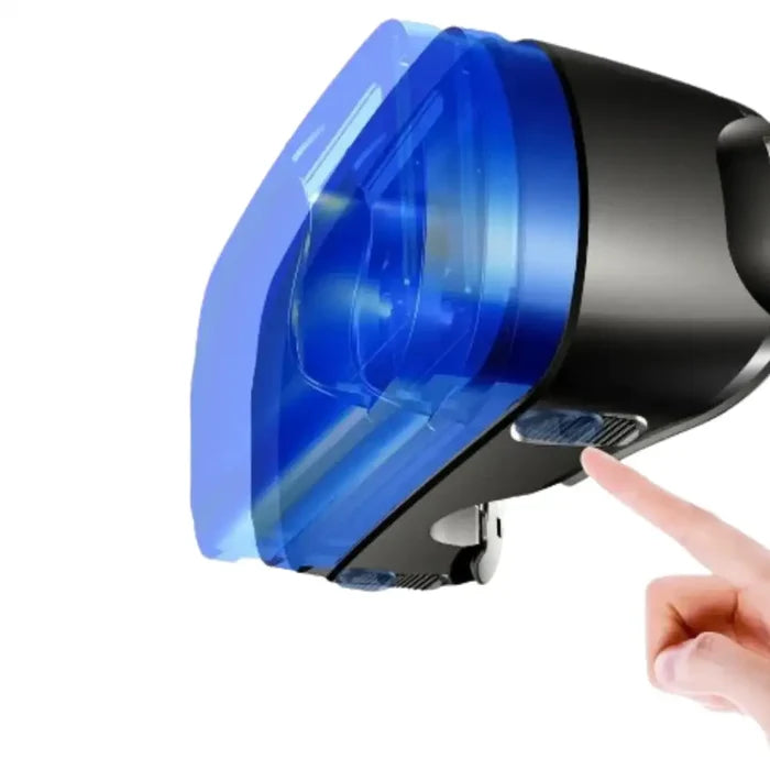Habicare 9eight5 3D VR headset with integrated headphones and controller, showcasing the sleek black design and adjustable straps.