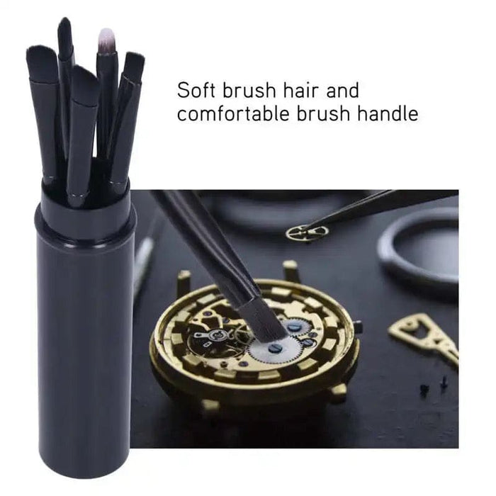 Set of five watch cleaning brushes from That Watch Shop, featuring various sizes and bristle types for detailed watch maintenance.