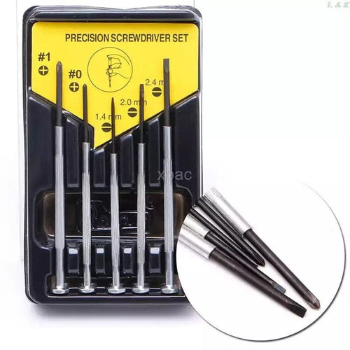 Set of five precision screwdrivers for watch repair, featuring small, detailed watch tools with ergonomic handles.