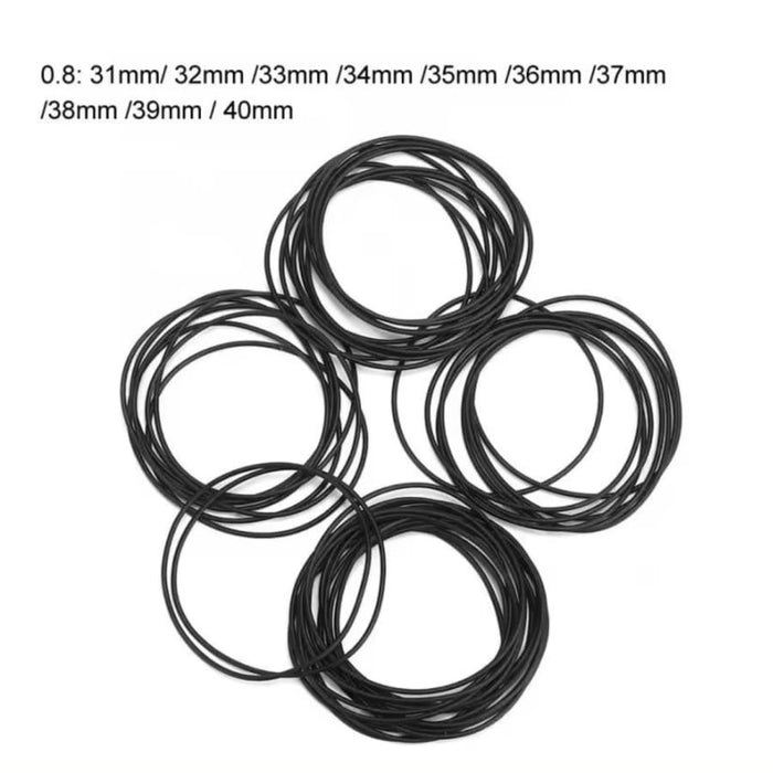 500-piece set of black rubber watch O-rings for waterproof watches, 0.8mm thick, 31-40mm size, made for watch repair tools.