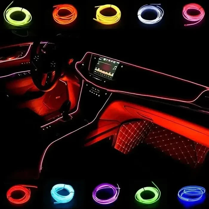Habicare 5M USB LED Neon Car Interior Light displaying seven color options, flexible strip for custom ambient lighting inside vehicle.