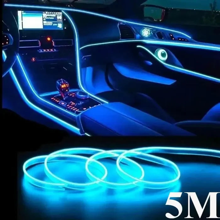 Habicare 5M USB LED neon car interior light strip displaying seven color options, flexible lighting for customizable vehicle ambiance.