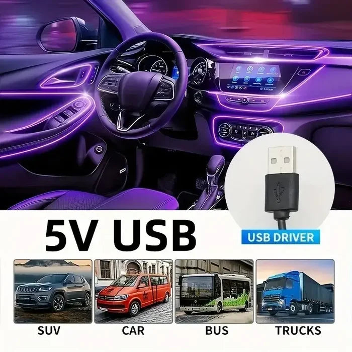 Habicare 5M USB LED neon car interior light strip with seven color options, illuminating vehicle interior with vibrant glow.
