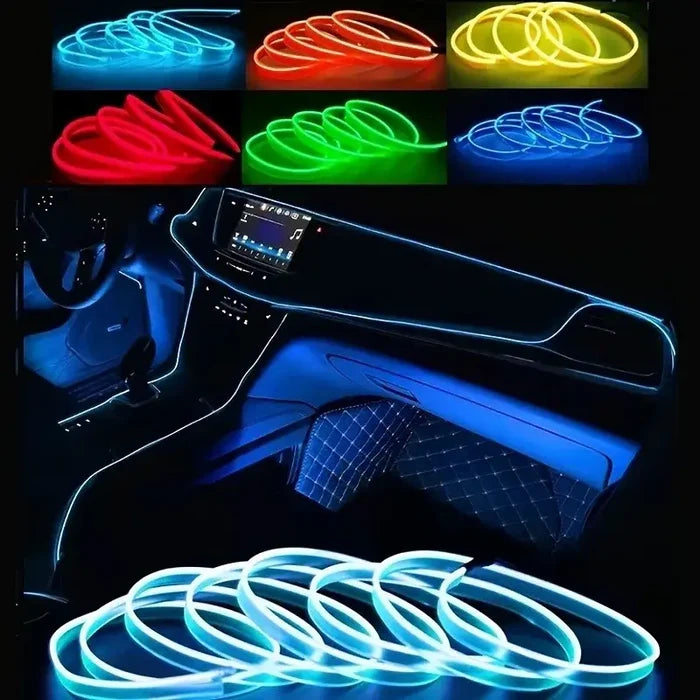 Habicare 5M USB LED Neon Car Interior Light displaying seven color options, used for ambient lighting inside vehicles.