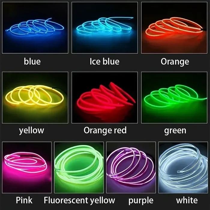 Habicare 5M USB LED neon car interior light strip with 7 color options, flexible for customizable ambient lighting inside vehicles.