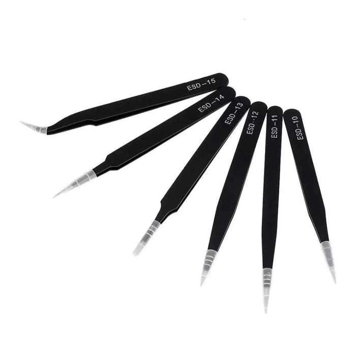 Six-piece anti-static stainless steel watch tweezer set with fine tips for precision watch repair and handling.