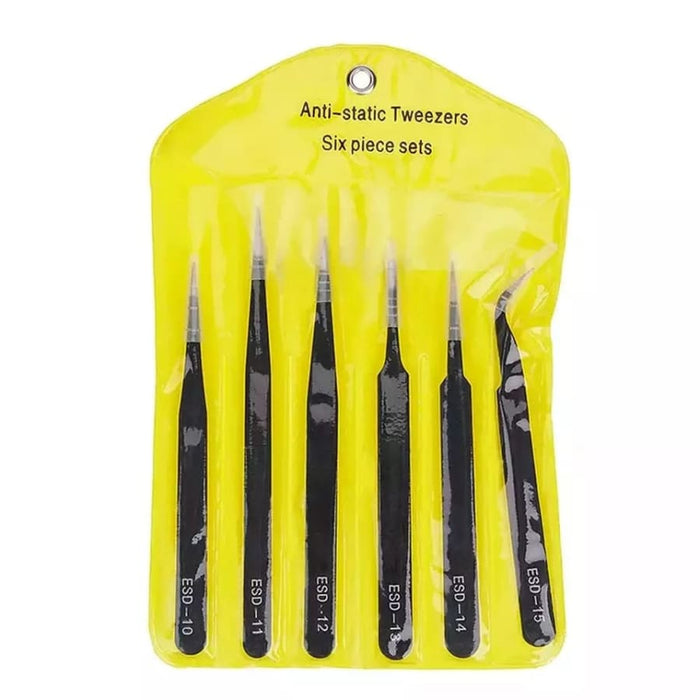 Six-piece stainless steel anti-static watch tool tweezers set, precision tools for watch repair and handling delicate components.