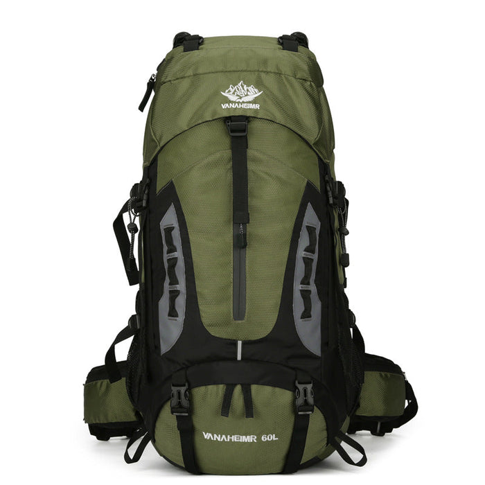 Lightweight ECOTREK 60L camping and hiking backpack with multiple compartments for outdoor adventures and travel.