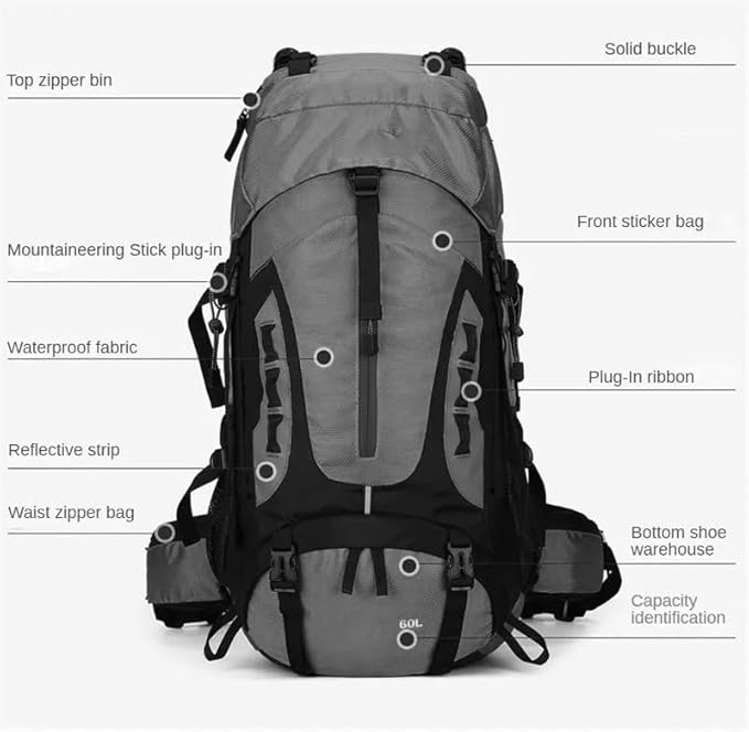 ECOTREK 60L lightweight camping and hiking backpack with multiple compartments, adjustable straps, and durable outdoor design.