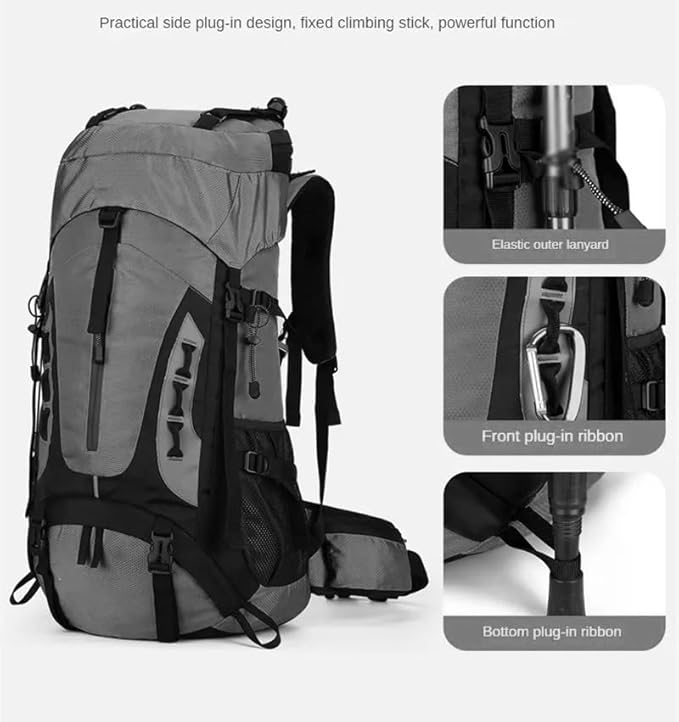 Lightweight ECOTREK 60L camping and hiking backpack with multiple compartments and adjustable straps for outdoor adventures.