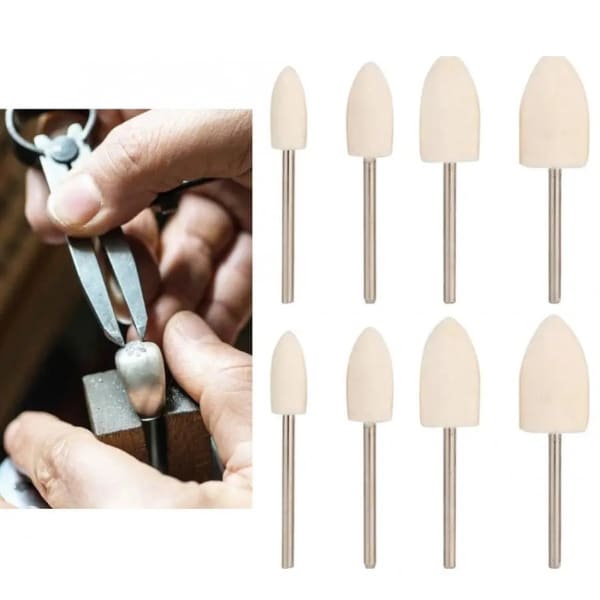 Close-up of 8-piece conical head polishing bits for watch tools, designed for precise polishing and finishing of watch surfaces.