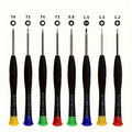 Set of 8 precision watch screwdriver tools with ergonomic handles, ideal for watch repair and detailed jewelry work.