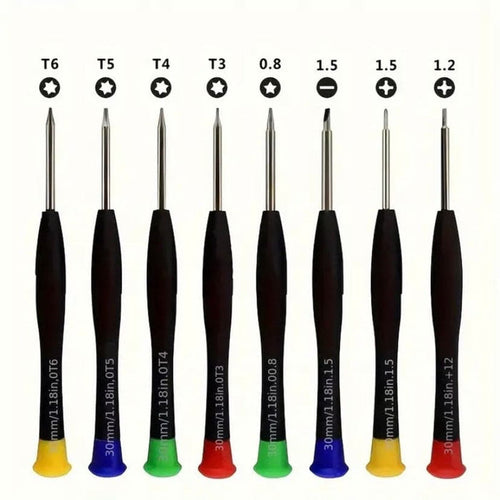 Set of 8 precision watch screwdriver tools with ergonomic handles, ideal for watch repair and detailed jewelry work.