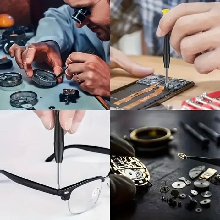 Set of 8 precision watch screwdriver tools for watch repair and maintenance, featuring ergonomic handles and various tip sizes.