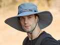 Grey wide-brim sun hat by dealonline.co.nz with UV protection, suitable for outdoor fishing and hiking activities.
