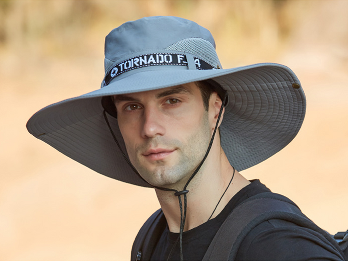 Grey wide-brim sun hat by dealonline.co.nz with UV protection, suitable for outdoor fishing and hiking activities.