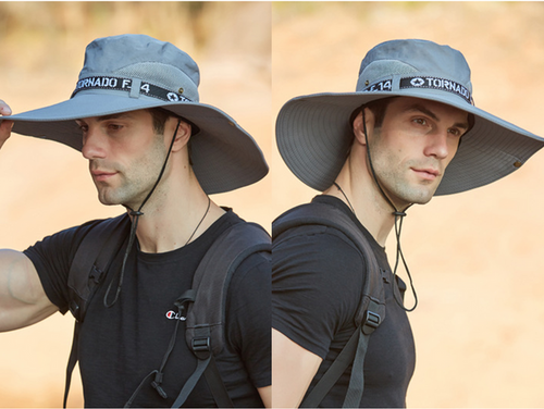 Gray wide-brim sun hat by dealonline.co.nz, outdoor fishing and hiking cap with UV protection and comfortable fit.