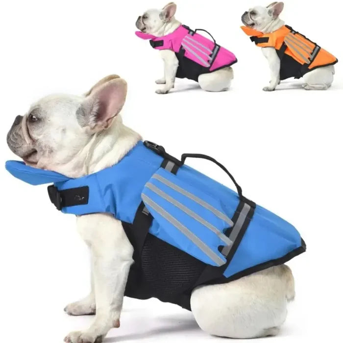 Habicare SS adjustable dog life jacket with chin float and rescue handle, designed for safety and buoyancy during water activities.