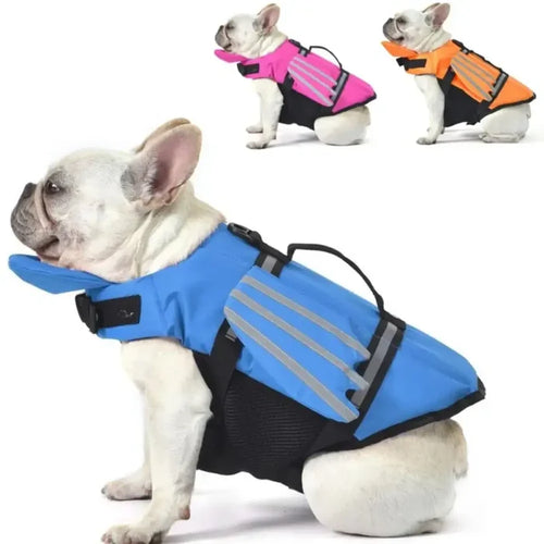 Habicare SS adjustable dog life jacket with chin float and rescue handle, designed for safety and buoyancy during water activities.