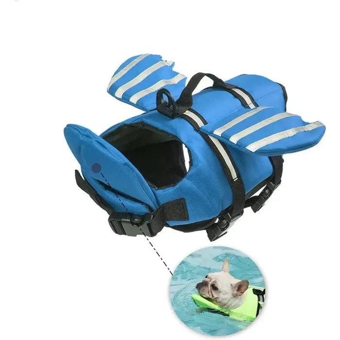 Habicare SS adjustable dog life jacket with chin float and rescue handle, designed for swimming and safety.