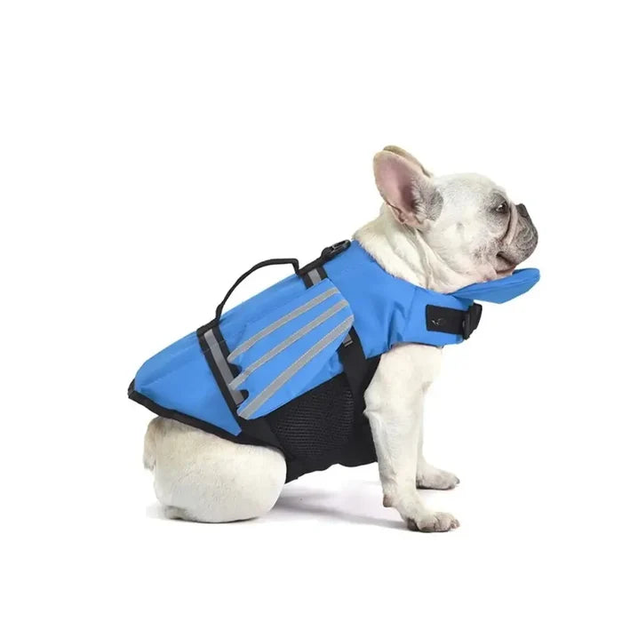 Habicare SS adjustable dog life jacket with chin float and rescue handle, designed for safety during swimming or boating.