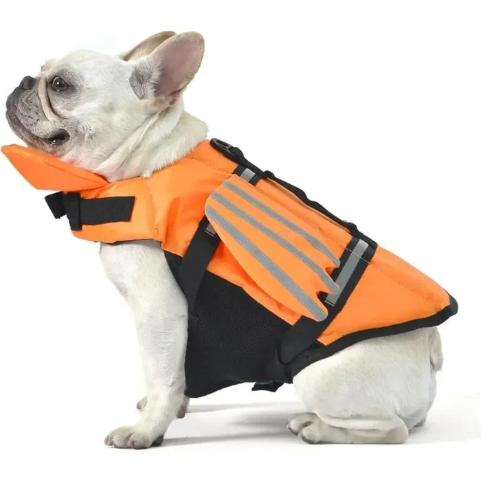 Orange adjustable dog life jacket with chin float and rescue handle, designed for safety and buoyancy during water activities.