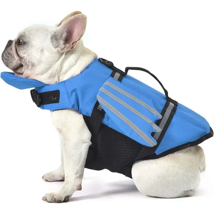Blue adjustable dog life jacket with chin float and rescue handle, designed for safety during water activities by Habicare.