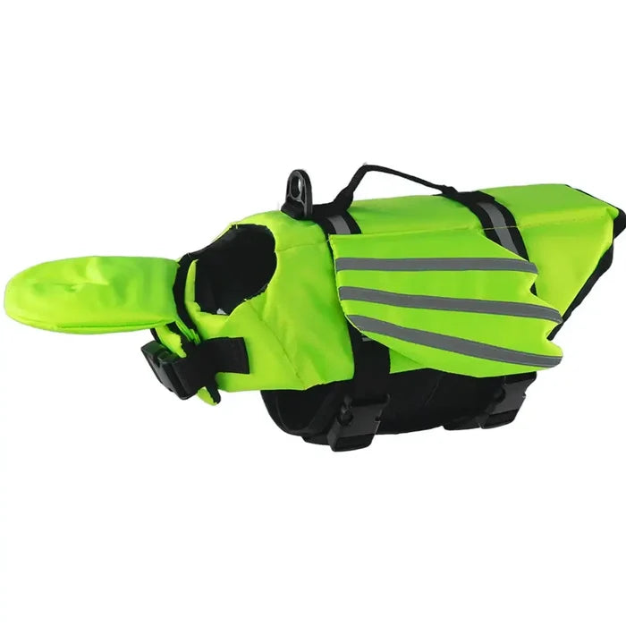 Green adjustable dog life jacket with chin float and rescue handle, ideal for safety and swimming support for pets.