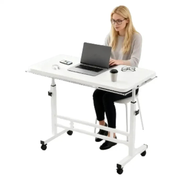 Habicare adjustable height desk made of stainless steel, lightweight and portable for versatile workspace setup.
