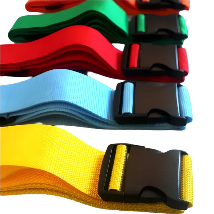 Habicare adjustable luggage straps in a pack of two, featuring a sleek SS design and available in seven vibrant colors.