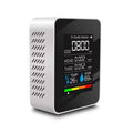 9eight5 5-in-1 air quality monitor showing digital display, sensors, and controls for measuring indoor air quality.