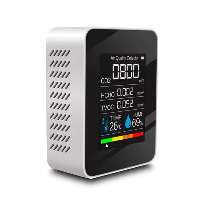 9eight5 5-in-1 air quality monitor showing digital display, sensors, and controls for measuring indoor air quality.