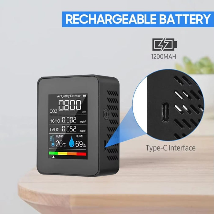 9eight5 5-in-1 air quality monitor showing digital display and sensor probes, used for measuring indoor air quality.
