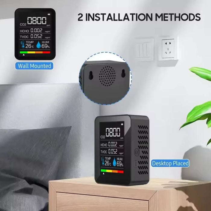9eight5 5-in-1 air quality monitor displaying digital readings and sensors for dust, humidity, and air pollution detection.