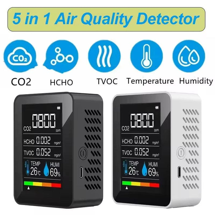 9eight5 5-in-1 Air Quality Monitor showing digital display of air quality levels and sensor readings.