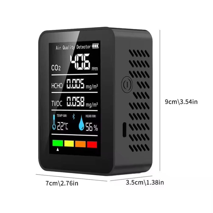 9eight5 5-in-1 air quality monitor showing digital display and sensor probes for detecting pollutants and air quality levels.