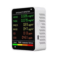9eight5 6-in-1 air quality monitor showing digital display and sensor probes for measuring air pollutants and environmental data.