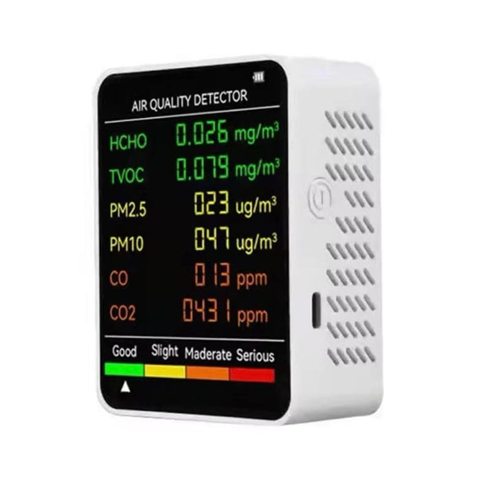 9eight5 6-in-1 air quality monitor showing digital display and sensor probes for measuring air pollutants and environmental data.