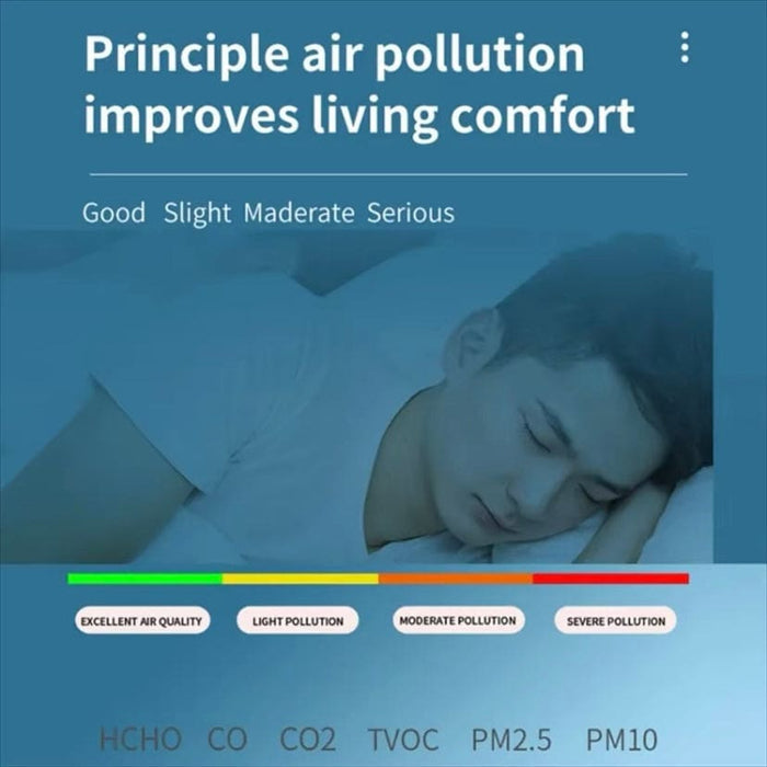 9eight5 6-in-1 Air Quality Monitor showing digital display and sensor probes for detecting indoor air pollutants.