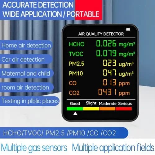 9eight5 6-in-1 air quality monitor showing digital display with sensors for pollution, humidity, and air quality assessment.