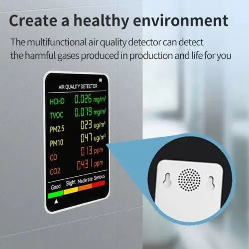 9eight5 6-in-1 air quality monitor showing digital display and sensors for measuring air pollutants and environmental conditions