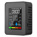 Habicare 5-in-1 air quality monitor displaying TVOC, HCHO, temperature, humidity, and CO2 levels in a modern device