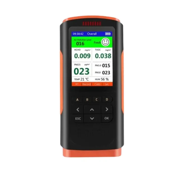 Habicare HBC formaldehyde detector and air quality monitor displaying digital readings and sensor indicators.