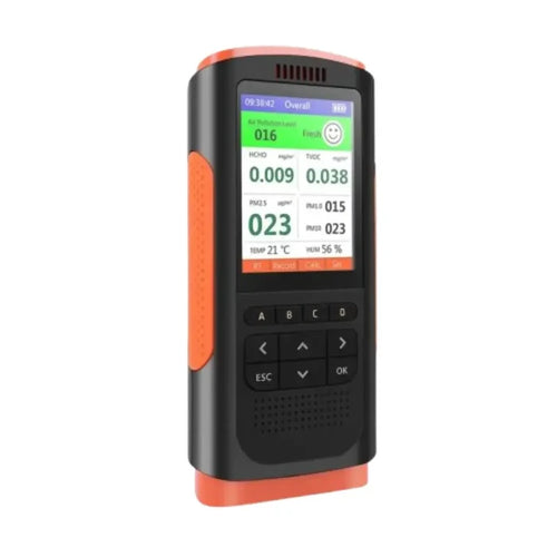 Habicare HBC formaldehyde detector and air quality monitor displaying digital readings and sensor interface.